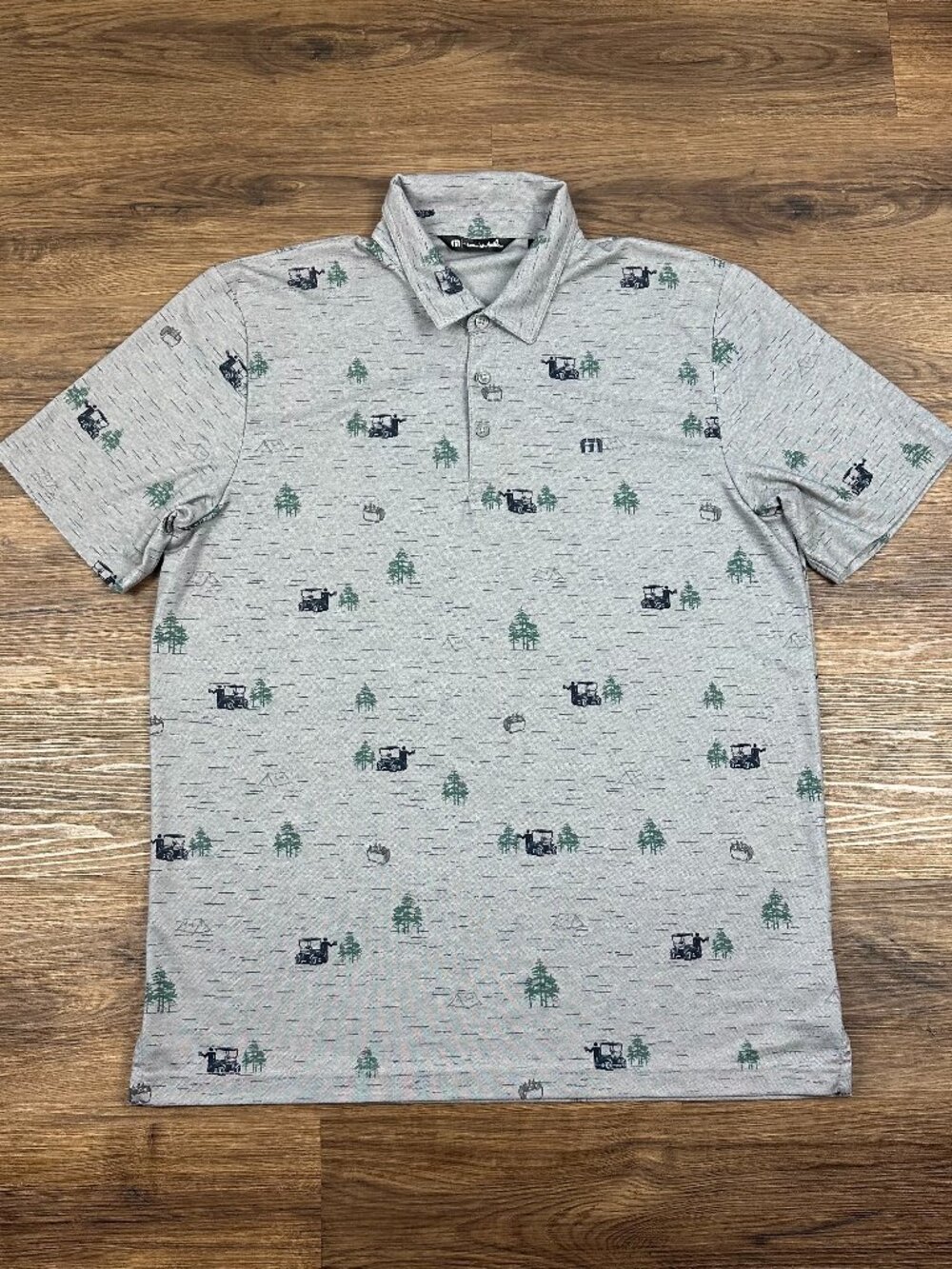Travis Mathew Polo Shirt Mens Size XL Gray Golf Cart All Over Print Performance